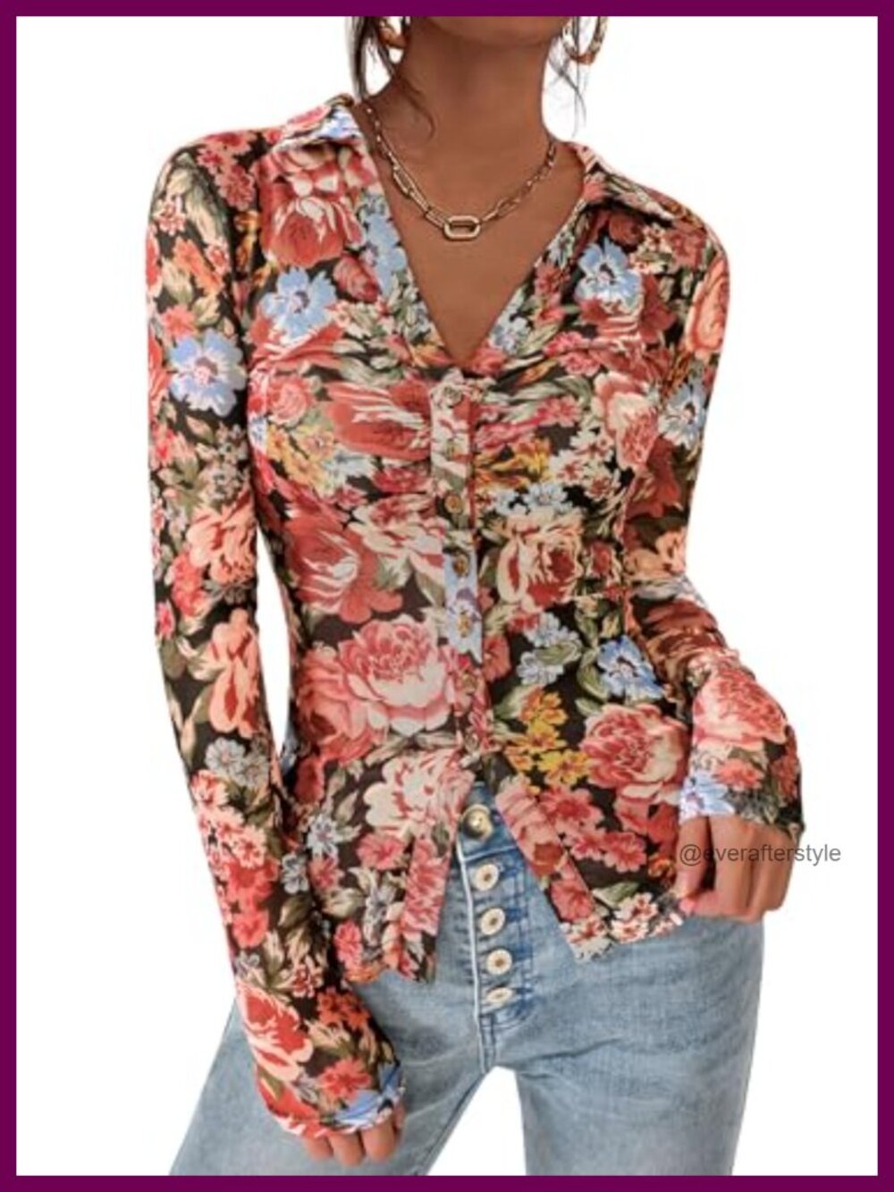 PRETTYGARDEN Women's Button Down Shirt Boho Mesh Floral Going Out Top